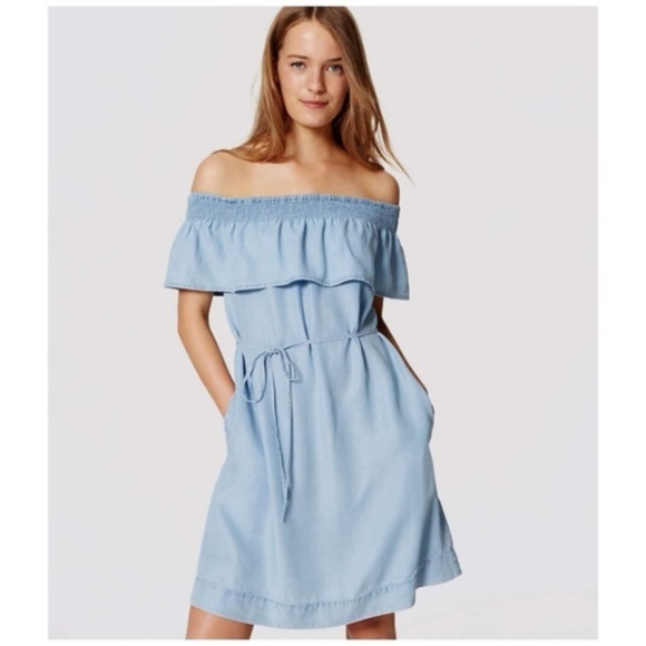 243 NWT ANN TAYLOR LOFT Chambray Off-Shoulder Dress - Picture 1 of 7